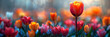 Tulip Spring Flowers Bloom in Nature Field Garden,
Flower garden with tulips in stormy rainy weather Closeup Realistic illustration