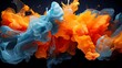 Vibrant orange and sapphire blue liquids explosively merging, crafting a visually intense and abstract display