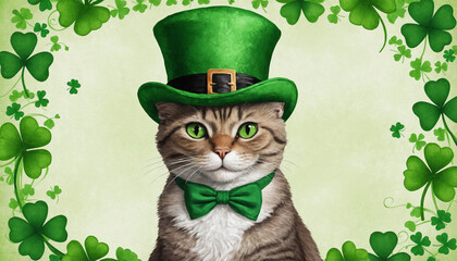 A cat leprechaun wearing a green hat, on a green background with a shamrock. St. Patrick's Day celebrations background with copy space in cartoon style