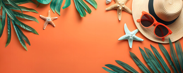 Wall Mural - Top view flat lay of a summer background featuring starfish, oranges, beach hat, glasses, and palm leaves. An orange summer composition with space for copy or text.