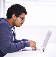 Poster - Elearning, typing and man with laptop for research, study or university for education, knowledge and opportunity. Computer, reading and college student writing report for online course with glasses.