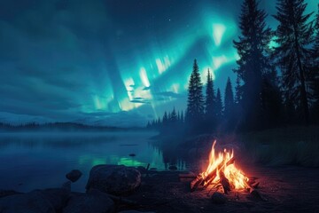 Wall Mural - A bonfire under the northern lights in a night forest, where the sky and the fire blend in a dance of lights. 8k