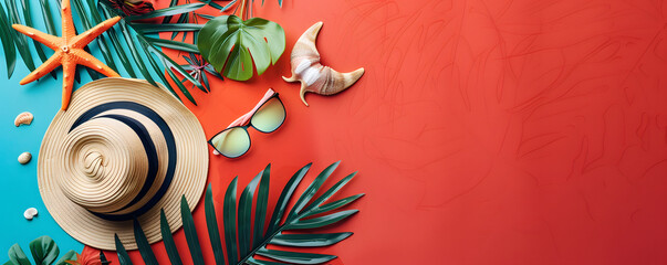 Wall Mural - Top view flat lay of a summer background featuring starfish, oranges, beach hat, glasses, and palm leaves. A red summer composition with space for copy or text.