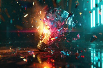 Wall Mural - A 3D-rendered image of a light bulb shattering, with a holographic color explosion that looks futuristic and innovative. 8k