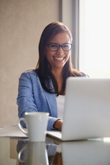 Poster - Smile, laptop and portrait of business woman in office with confident, positive and pride attitude. Technology, happy and professional financial advisor with computer for finance project in workplace