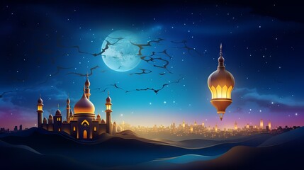 Eid mubarak greeting cards: celebrating eid-ul-adha and ramadan kareem with moonlit skies, lanterns, and doves - islamic festival culture and religion stock image

