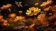 Beautiful mysterious insect flying over vibrant orange daisies in the enchanting evening