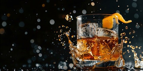 Sticker - Splash of elegance: whiskey glass with ice and citrus twist against a dark backdrop, perfect for beverage marketing. AI