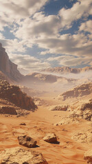 Canvas Print - Desert Sunset View with Mountains and Red Sandstone Rocks under a Colorful Sky