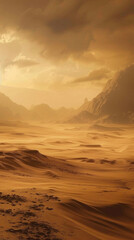 Canvas Print - Sunset over the serene desert landscape with majestic mountains in the background, casting an orange glow across the horizon