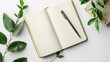 Top view of open notebook with blank pages and pen with branch of plant with green leaves near by on white desk,generative ai