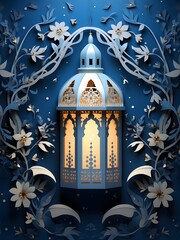 Wall Mural - Blue Ramadan kareem and eid fitr islamic concept background illustration with lantern, stars and blossom flowers in paper cutting style 3D for wallpaper, greeting card and flyer.