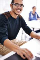 Aufkleber - Happy man, portrait and glasses with computer for research and development in creative startup at office. Handsome male person, nerd or geek working on desktop PC for design or project at workplace