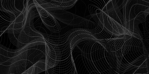 Poster - Acrylic abstract lines with wave swirl curve on pour black and gray art. abstract fractal background. Dynamic particles wave. Black background with modern line design template. Vector illustration.