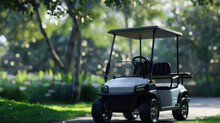 Golf Cart Parked On A Path With Lush Greenery In The Soft Focus Background.