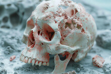 A Skull In The Style Of Realistic And Hyper-detailed Renderings, Photobashing, Playful Character Designs, Frayed, Fantastic Grotesque, Red, Realistic Sculpture