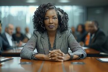 Close-up Portrait Of Elegant Black Female Businesswoman Sitting At Conference Table In A Boardroom. Confident African American Executive Discussing Project Plan At Group Multiethnic Briefing.