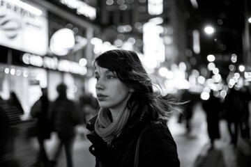 A contemplative young woman is lost in thought against a blurred urban nightscape.