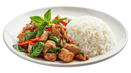 Sticker - Rice topped with stir fried pork and basil on isolated on transparent png background. Generative ai