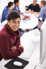 Poster - Happy, portrait and asian man with computer for creative startup, research or development at the office. Face of male person with smile for technology, digital career or tech company at the workplace