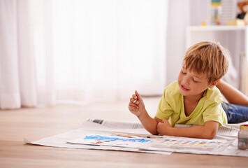 Poster - Boy, smile and drawing on floor in bedroom for child development, creative activity and fun education. Kid, paint and relax at home with paper for learning, future artist and hobby with happiness