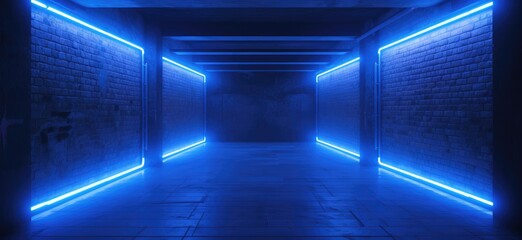 Wall Mural - Futuristic Blue Neon Lights in Corridor