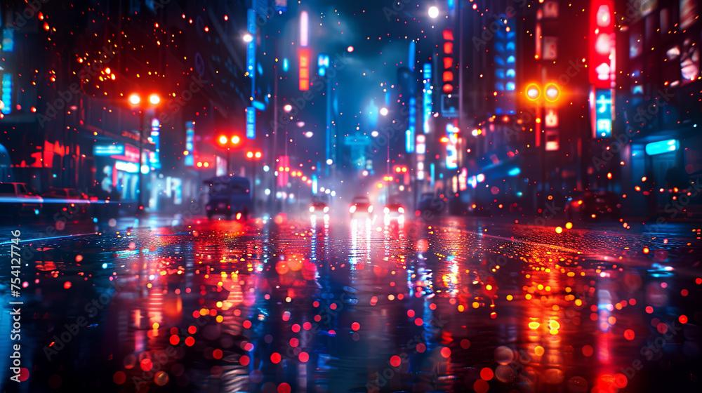 Blurred neon lights background. Neon city lights in bokeh style. Futuristic backdrop.