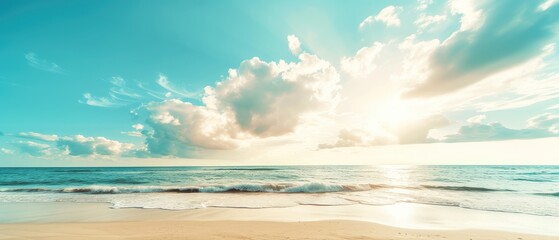 Poster - Panoramic Serene Beach with Golden Sunset Sky