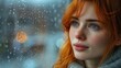 A ginger-haired woman staring out of a rain-streaked window with a deep sense of pessimism, real photo, stock photography  ai generative