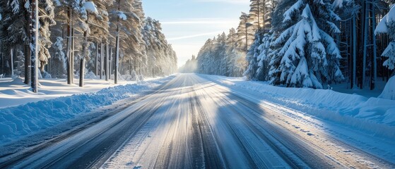 Poster - Snow-Covered Road with Sunlight Through Trees