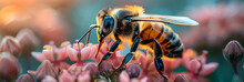 Close-up Of Honey Bee Pollinating On Flowers,
Macro Photo Of A Bee Hive On A Honeycomb Bees Produce Fresh Honey Beekeeping Concept