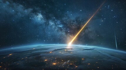 Wall Mural - A brilliant comet streaking across a star-filled night sky, its tail illuminating the Earth below