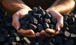 Closeup of coal miner hands holding pile of coal in his hands