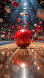 Fototapeta  - The pins scatter in all directions as the red bowling ball makes contact
