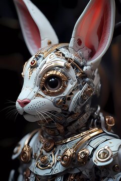 A robot rabbit with a gold face and silver body