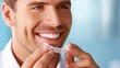 Young Caucasian man inserting a dental aligner. Close-up view. Making strides towards a stunning, aligned smile.