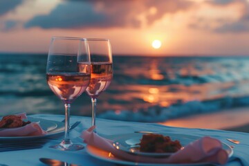 Wall Mural - Sunset beach dinner for two with luxurious cuisine and rose wine, perfect for romantic celebrations.