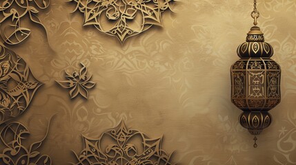 Wall Mural - Muted brown islamic ornament and lantern on flat background: cultural and religious symbolism

