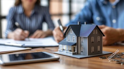 Real estate agent signing mortgage agreement for new home with close up of miniature house.