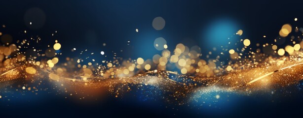 Wall Mural - Abstract background with bokeh lights and glitter, in the style of blue and gold colors. Abstract light effects on a dark blurred background. A New Year concept. 8k, a real photo, high resolution, ult