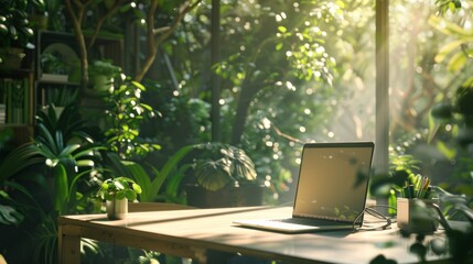 Wall Mural - Workspace by eco-friendly design, a laptop occupies a prominent place on a sleek desk bathed in natural light