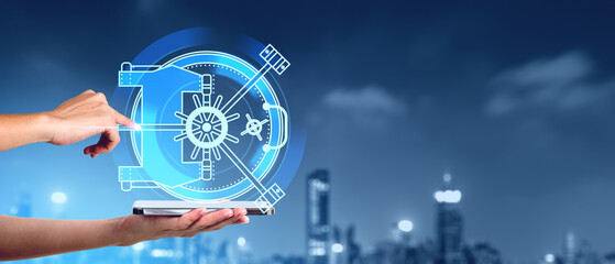Poster - Woman hands with phone and cybersecurity interface in city