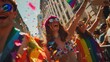 Colorful pride parade celebrating diversity and resilience, documentary style.