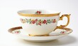 White porcelain cup and saucer with a pattern on a white background