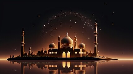 Wall Mural - Radiant ramadan greetings: crescent moon and ornate mosque illuminate night sky

