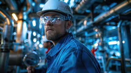 An employee at a chemical refinery wearing a uniform, eye shield glasses, and a hard hat checks pipes and machinery.