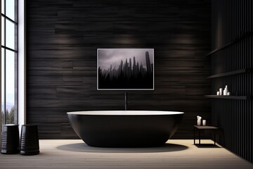 Wall Mural - Bathroom interior with black wooden walls, wooden floor, comfortable black bathtub and window with city view.
