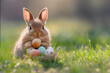 Bunny Easter rabbit with eggs on green grass on warm sunny morning.