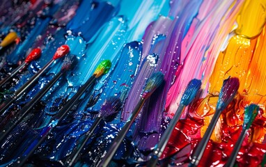 a vibrant array of paintbrush strokes covers the canvas, showcasing the artist's tools in a close-up