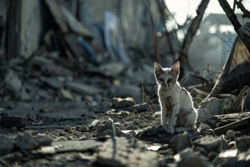 Poster - A small white cat sitting on top of rubble in a destroyed area. Generative AI.